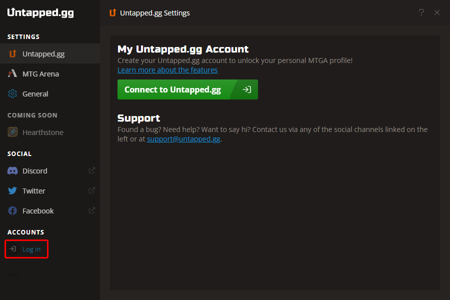 Untapped.gg Companion Main Window highlighting the Log In link in the left sidebar